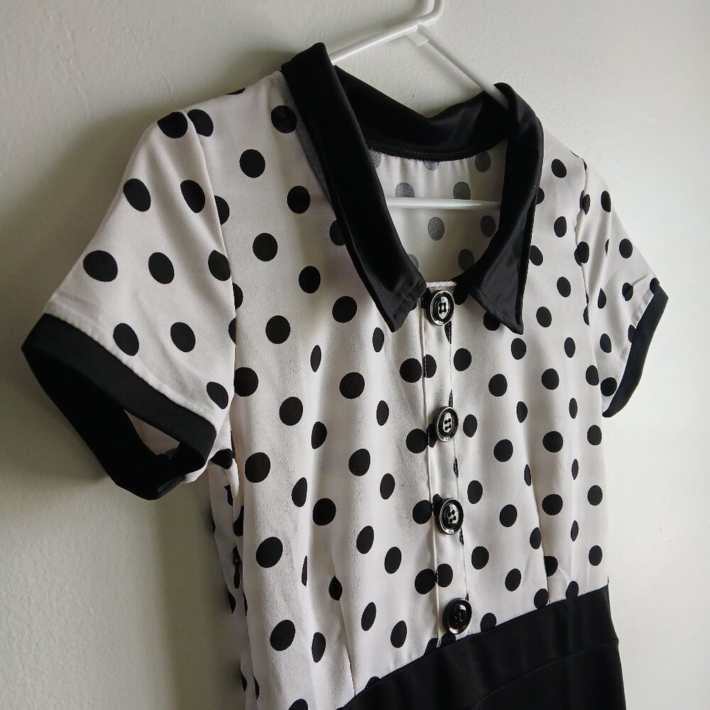 No Label - Brand White and Black dotted Elegant Dress, collar neck Medium